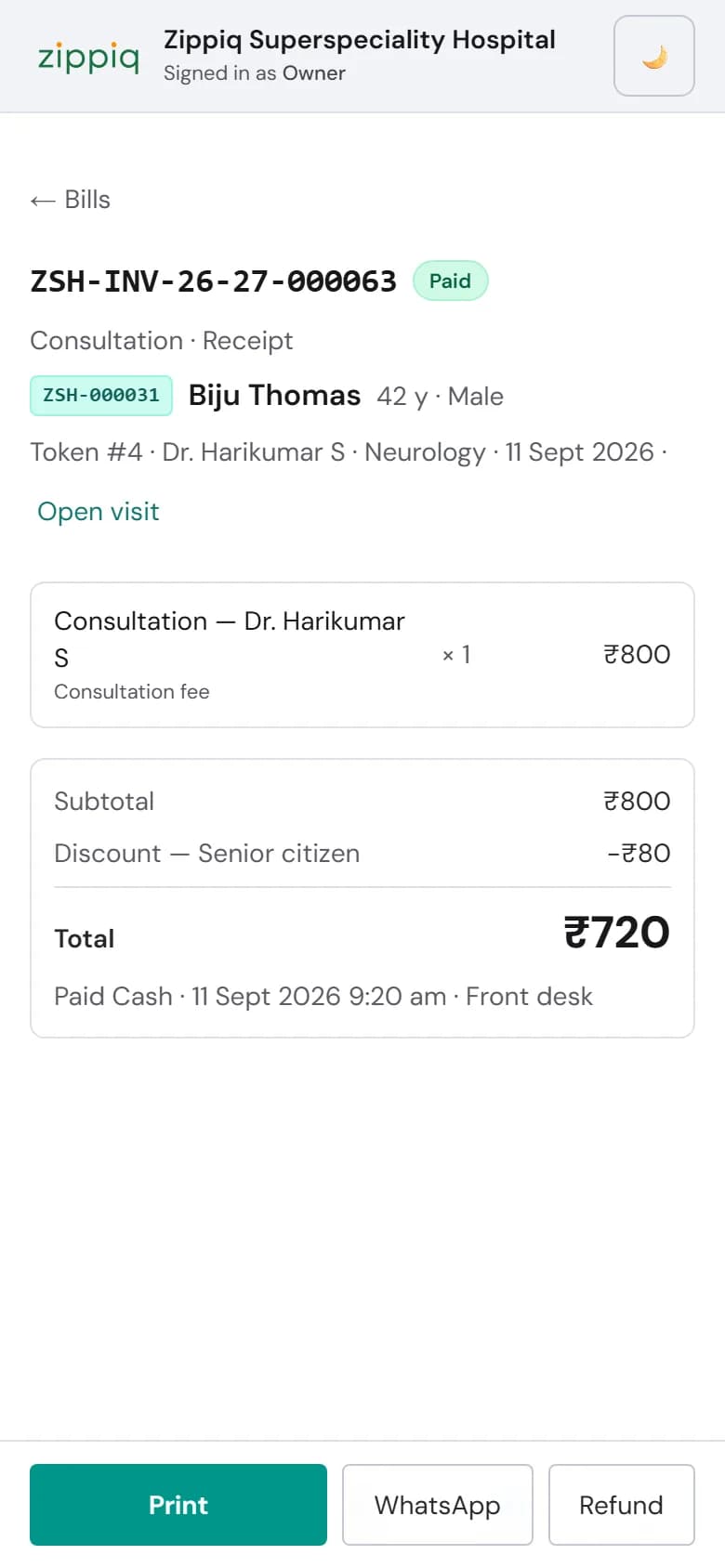 Paid consultation bill with an approved discount and receipt actions
