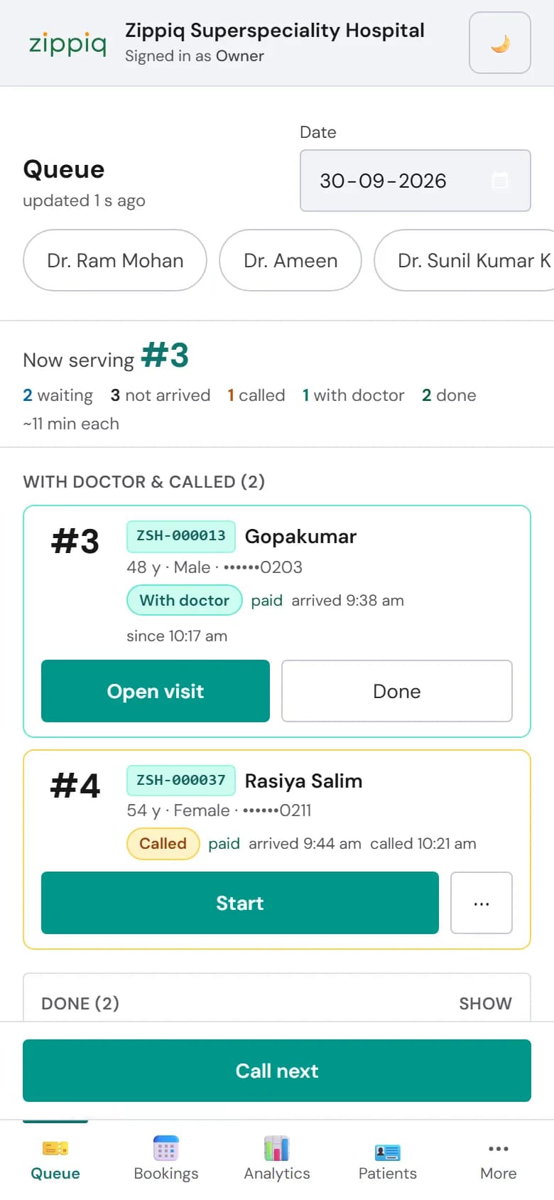 Live OP queue with tokens waiting, called and with the doctor