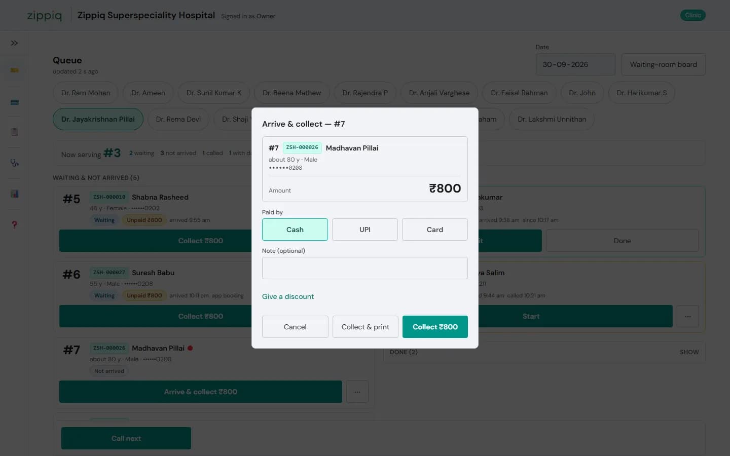 Live OP queue: mark arrival and collect the consultation fee in one step