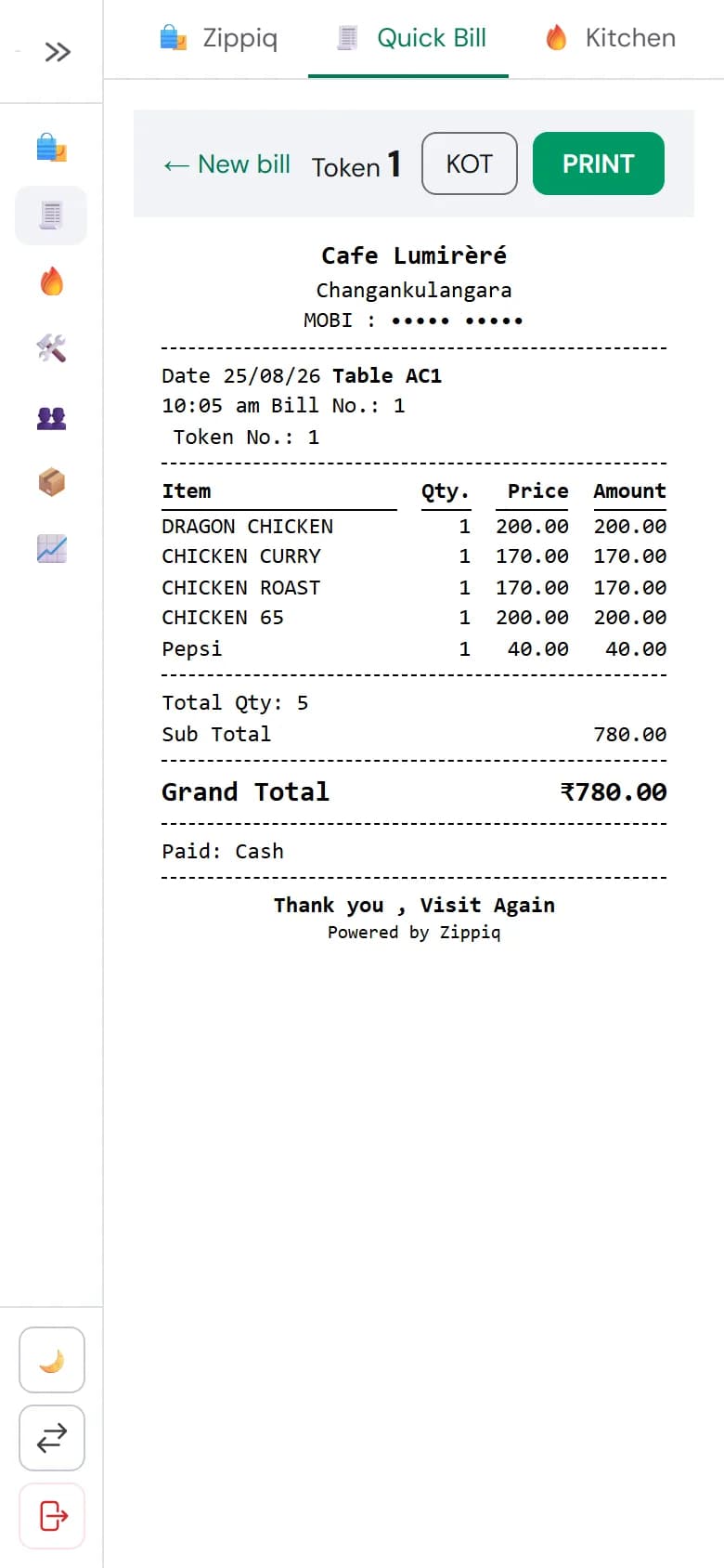 Printed counter bill with token number, items and grand total